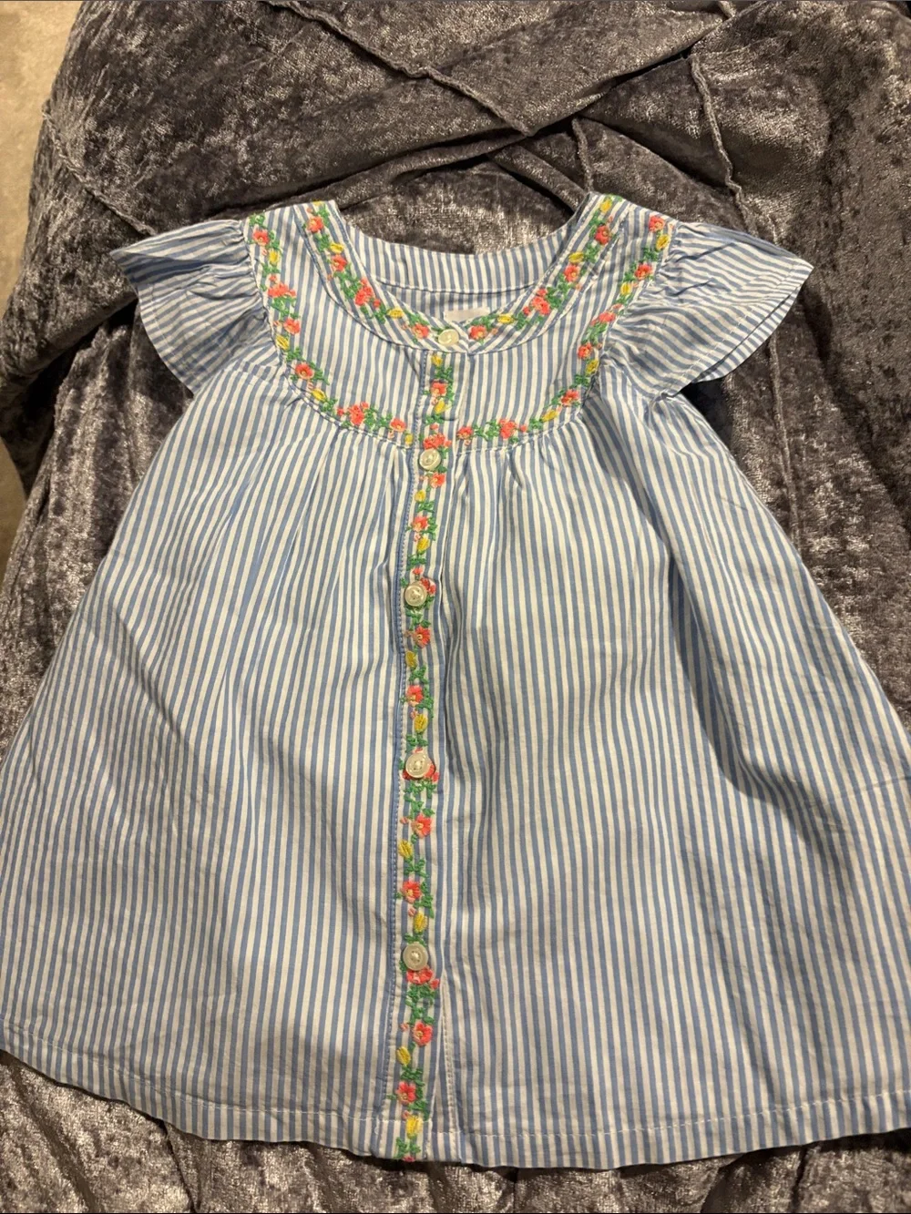 GAP Blue & White Striped Dress with Floral Embroidery